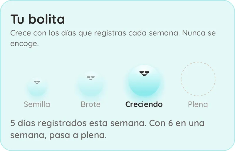 Tu bolita: crece con los días que registras cada semana (semilla, brote, creciendo, plena) y nunca se encoge