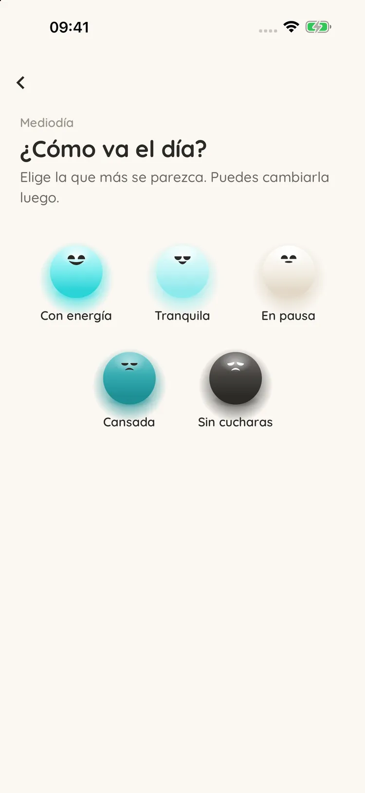 Spoonies: "¿Cómo va el día?", con las cinco bolitas: con energía, tranquila, en pausa, cansada y sin cucharas