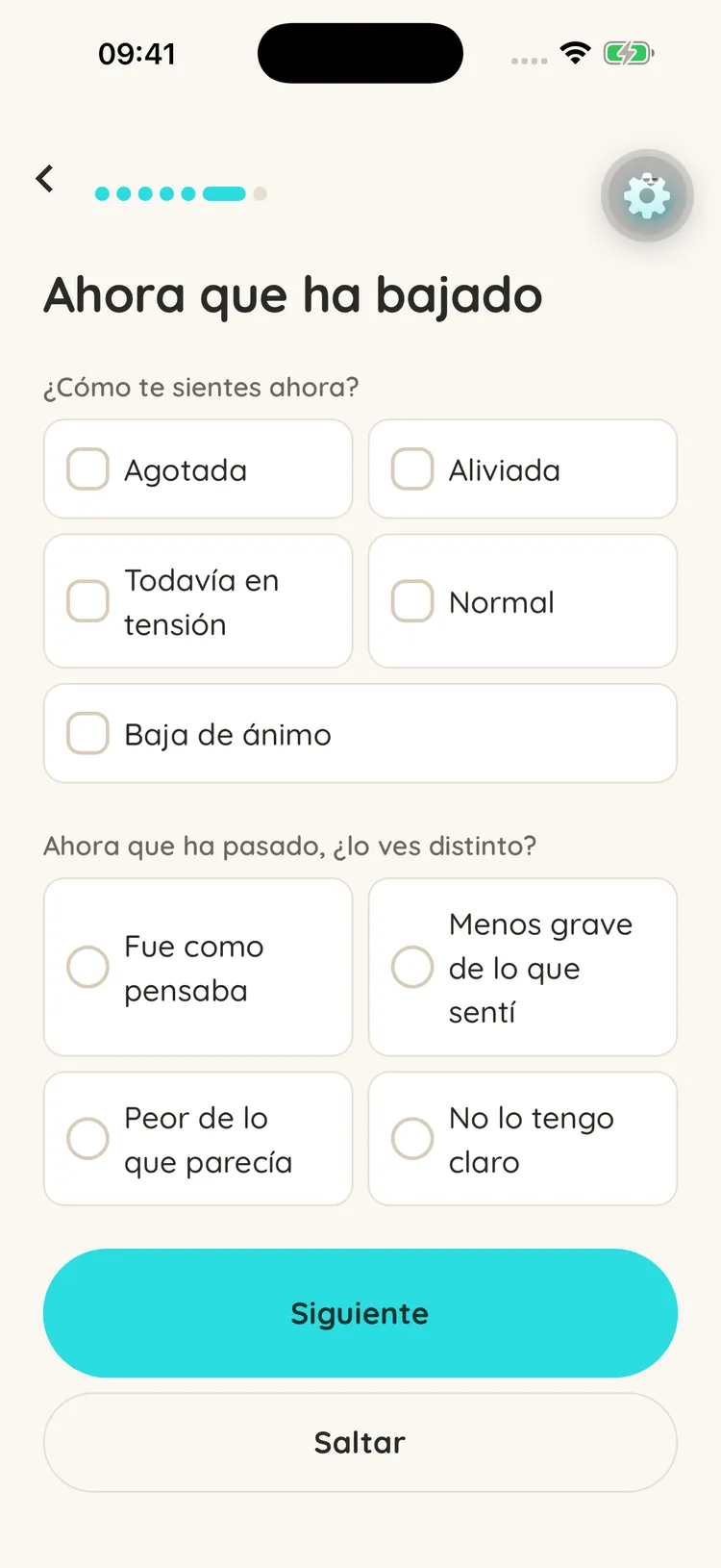 Spoonies: "Ahora que ha bajado", con cómo te sientes ahora (agotada, aliviada, todavía en tensión, normal, baja de ánimo) y si lo ves distinto ahora que ha pasado