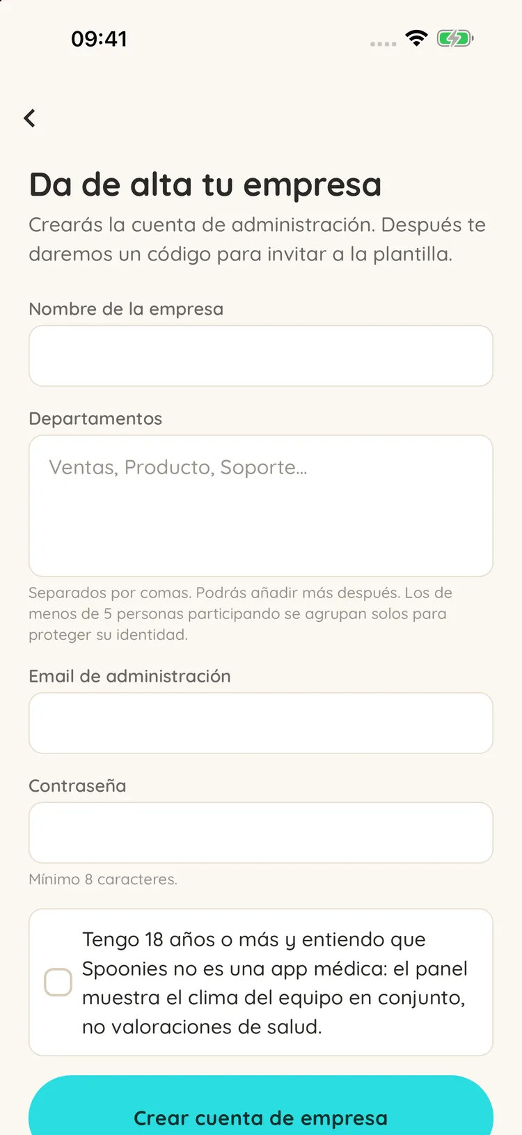 Spoonies: “Sign up your company”, with the company name, departments, admin email and password