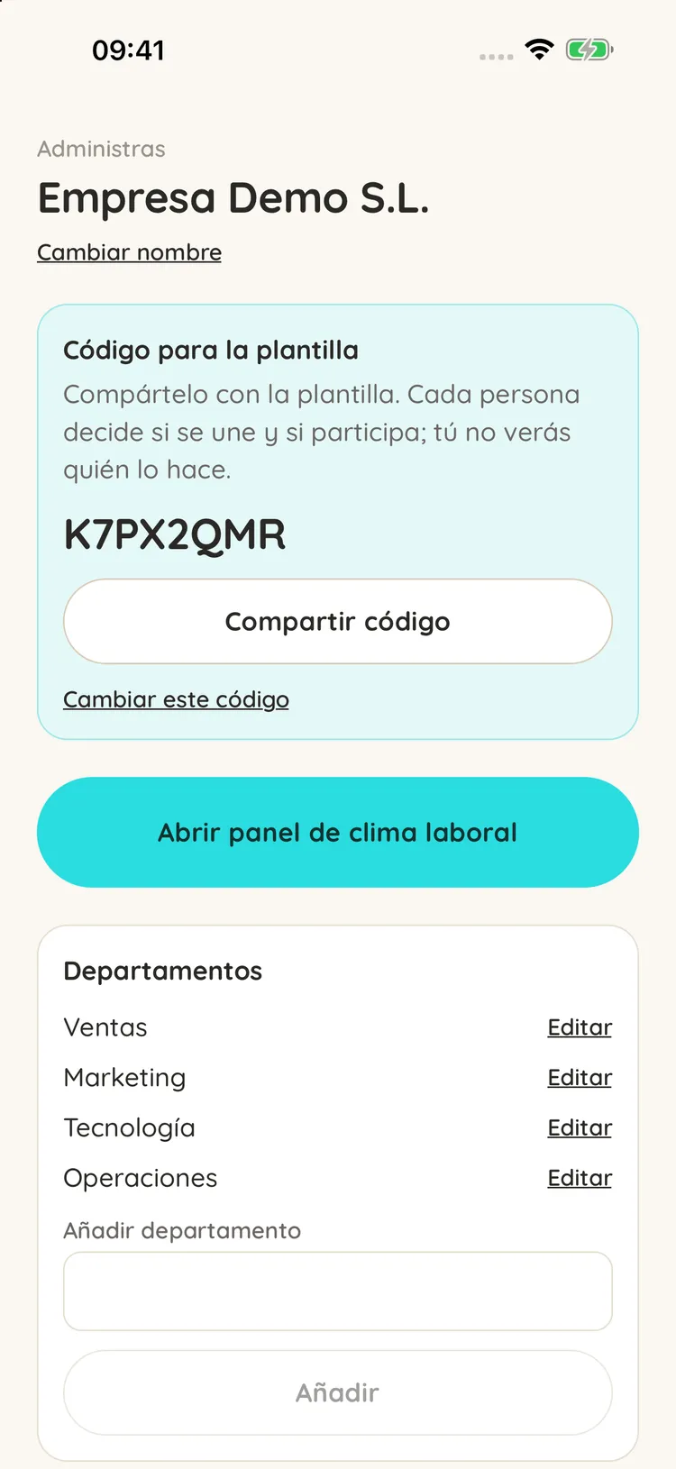 Spoonies admin panel (sample company): the code for the team, the button to share it and the list of departments