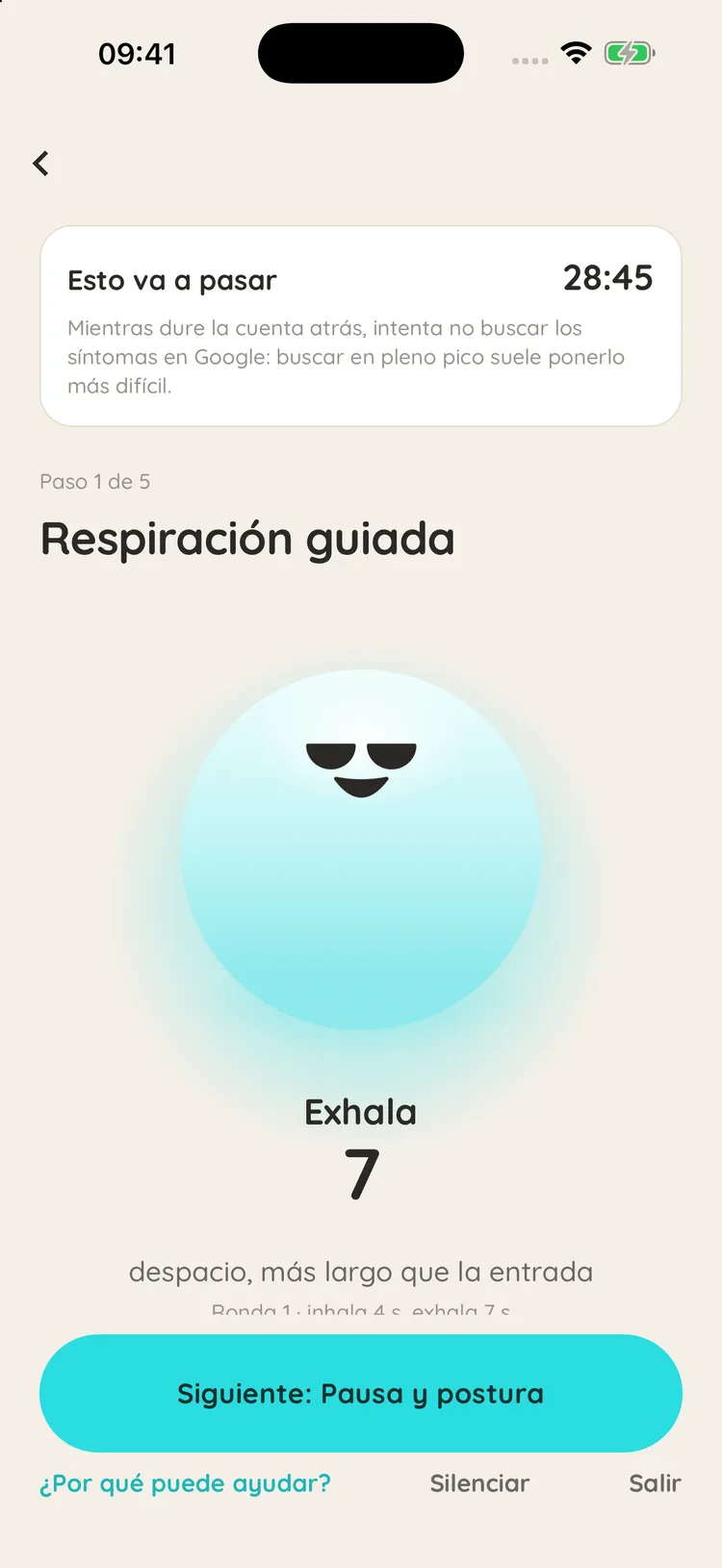 SOS de Spoonies, paso 1 de 5: respiración guiada, con la bolita marcando "Exhala 7", despacio, más largo que la entrada