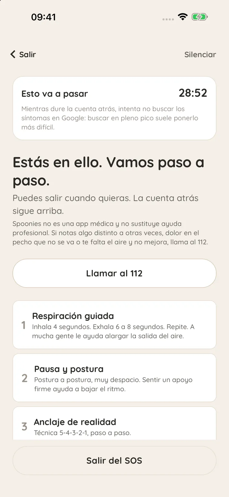 SOS de Spoonies: la cuenta atrás "Esto va a pasar", un botón para llamar al 112 y los pasos: respiración guiada, pausa y postura, anclaje de realidad